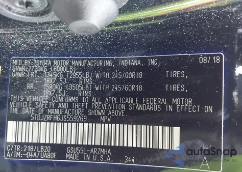 2018 Toyota Highlander Xle from USA, damaged, VIN 5TDJZRFH6JS559269